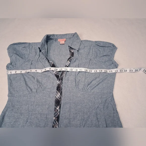 Vintage Chambray Shescool Mini Shirt Dress with Contrast Plaid Trim - Blue - Picture 3 of 6